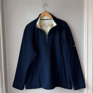 ORVIS Mens XXL Pullover Sweater Jacket Navy Blue Sherpa Fleece Lined 1/4 Zip
